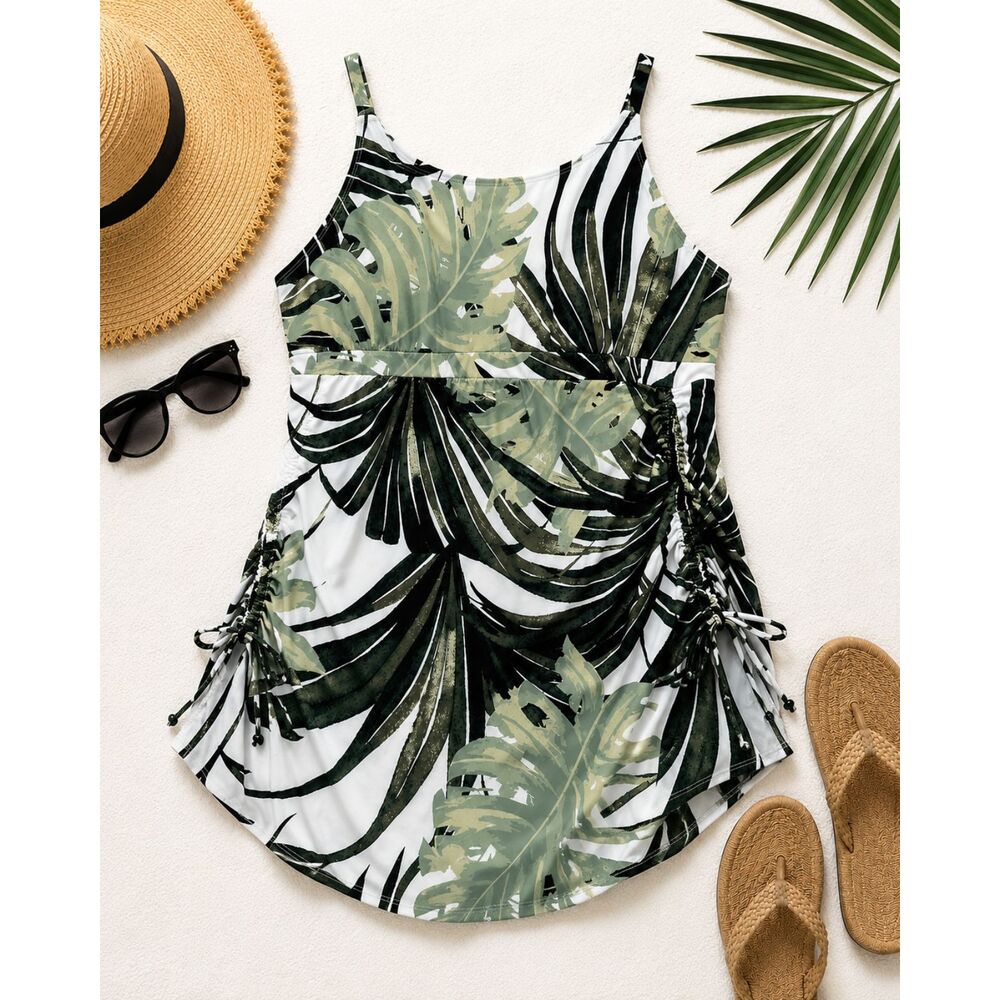 Swim by Cacique Swim Dress Womens 24 Tropical Print Ruched Plus Size Swimsuit